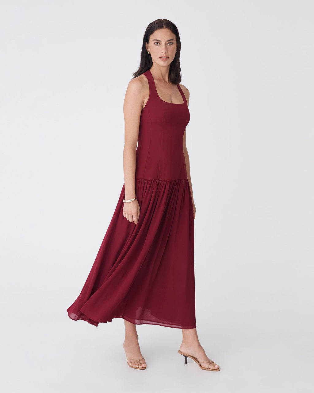 Selena Dropped Waist Dress in deep red — side view 2