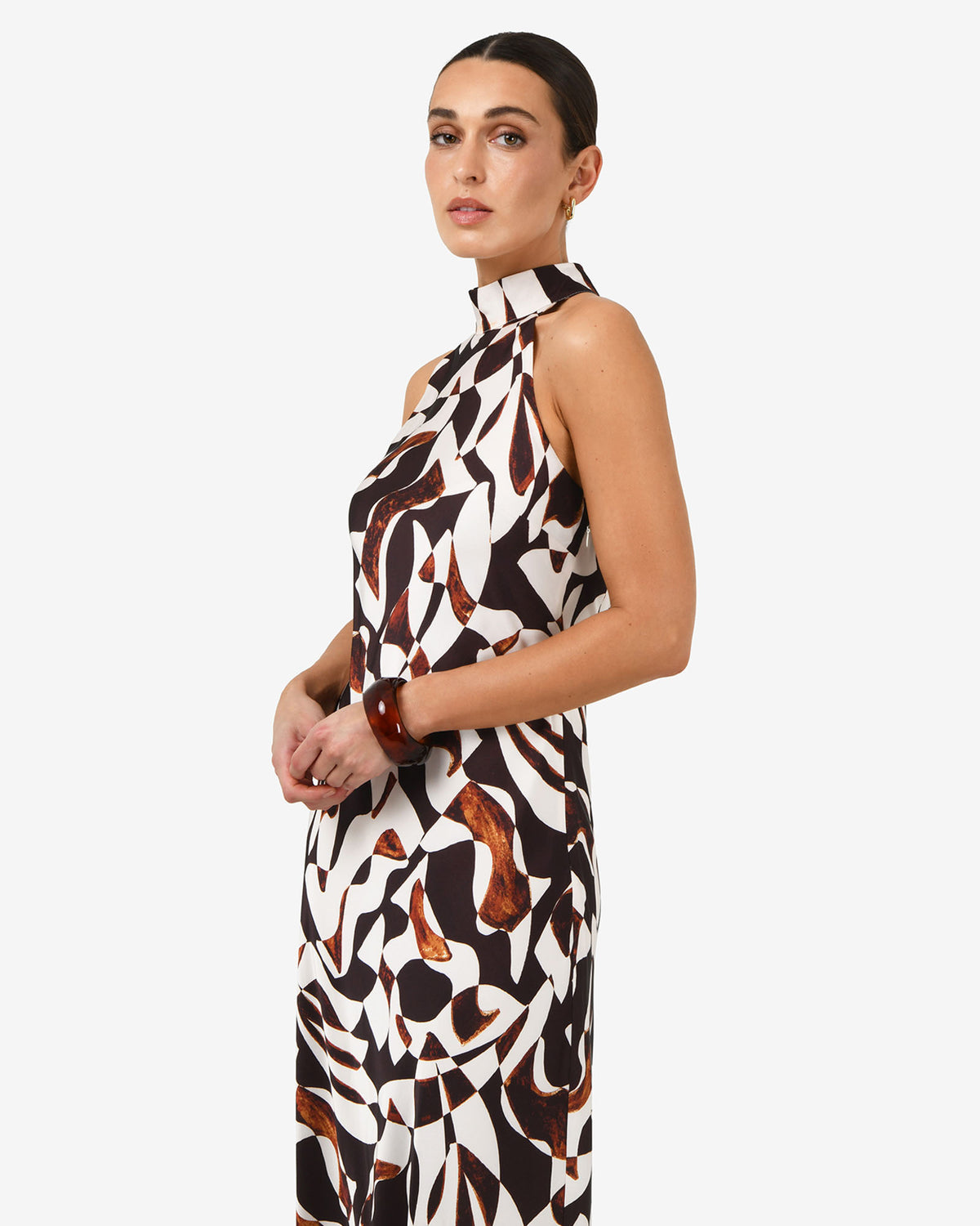 Hazel Printed Halter Dress in brown retro — close-up view