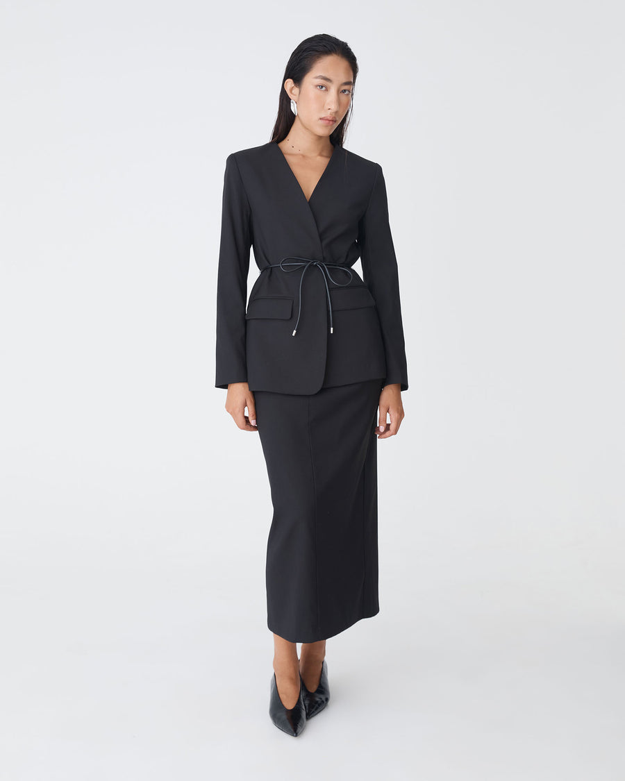 Aaria Collarless Blazer in black — full-length view