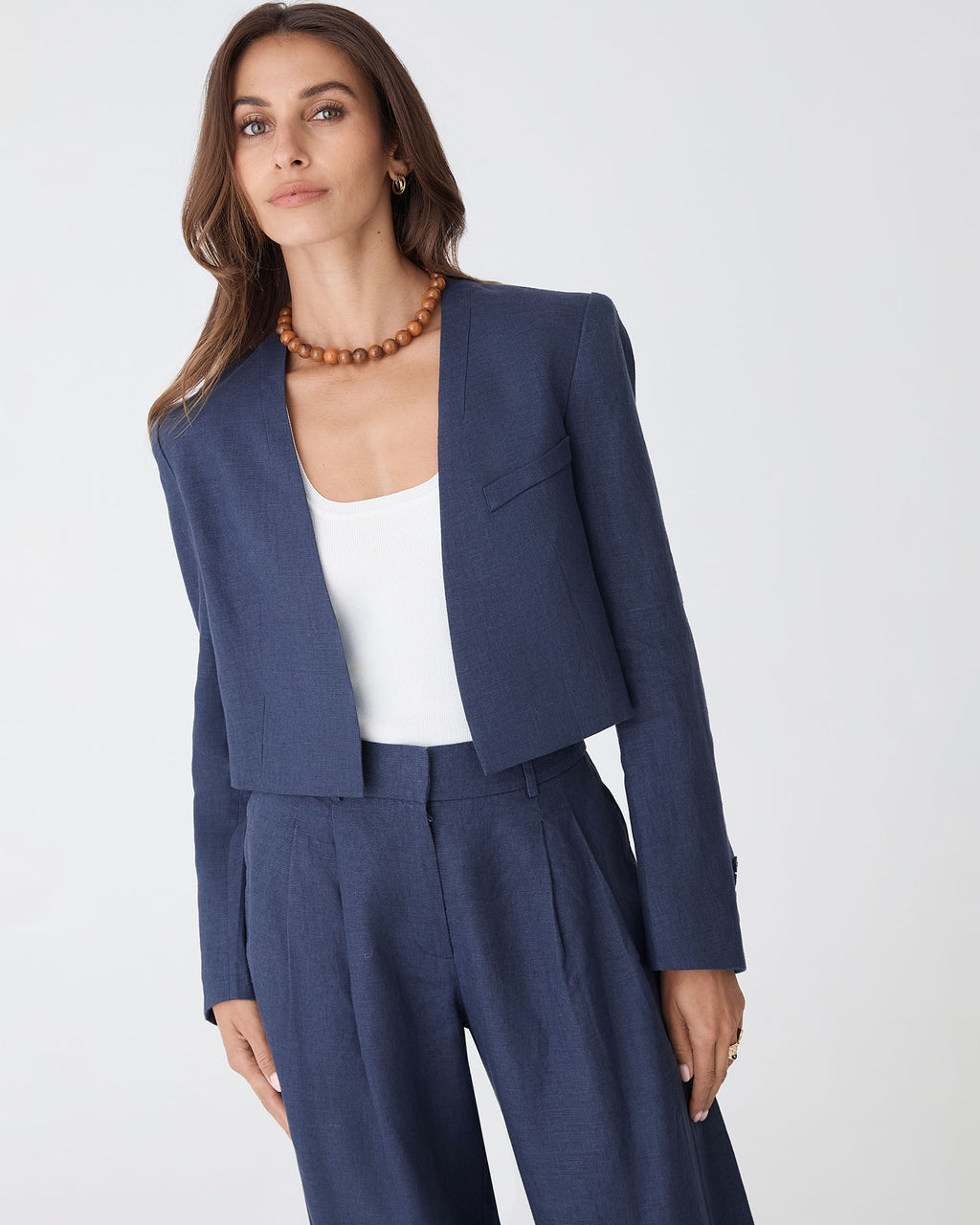 Ami Cropped Linen Jacket in wash navy — close-up view