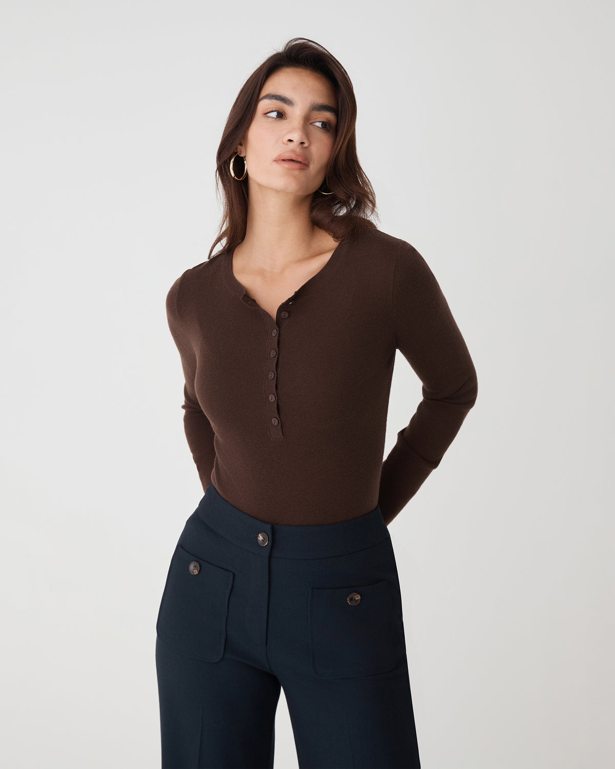 Henley Button Up Knit in chocolate — close-up view 3