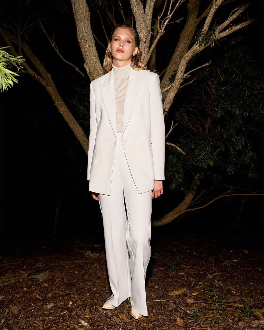 Belmore Crepe Flared Pants in snow — alternate view