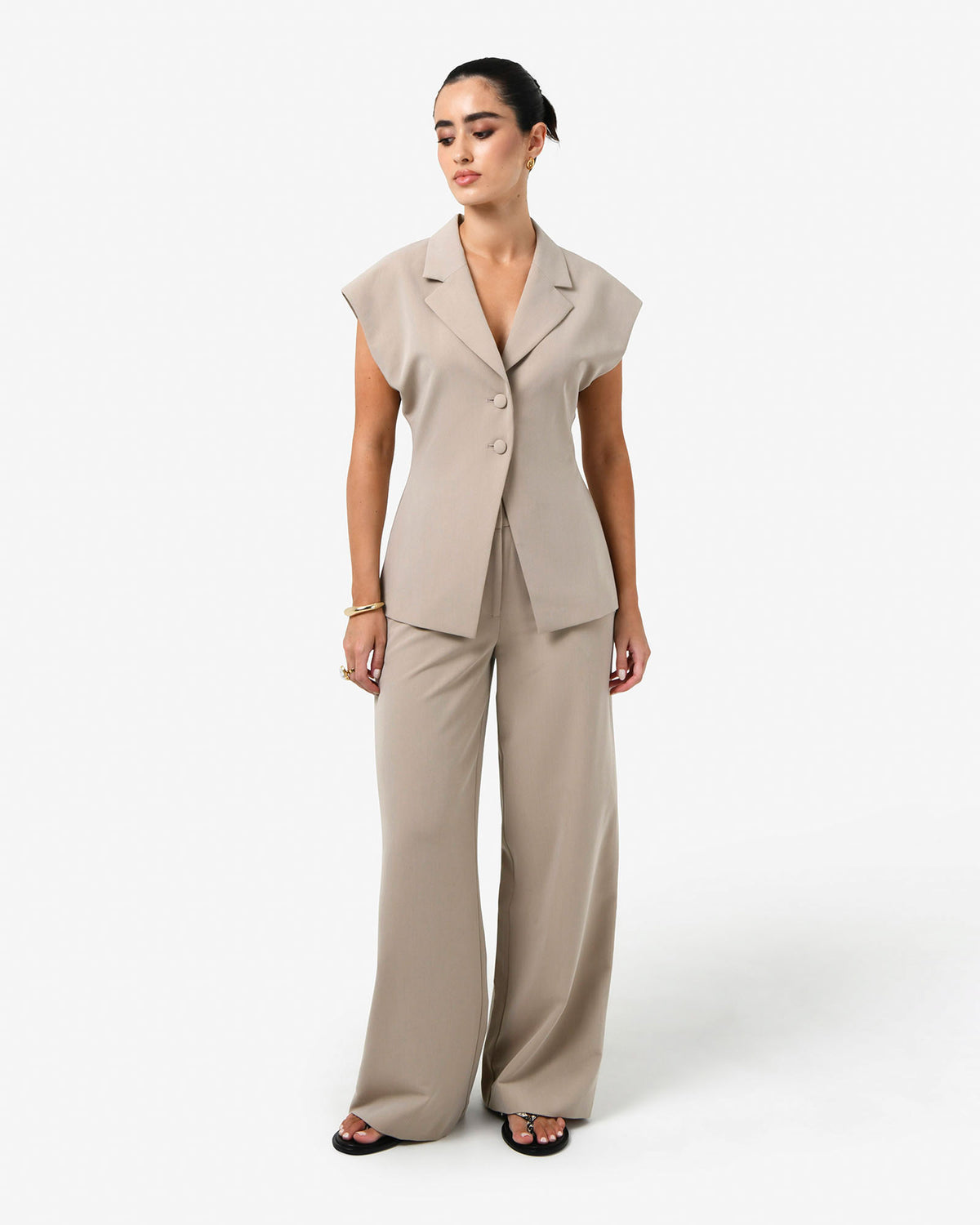 Milton Wide Leg Pants in khaki — full-length view 2