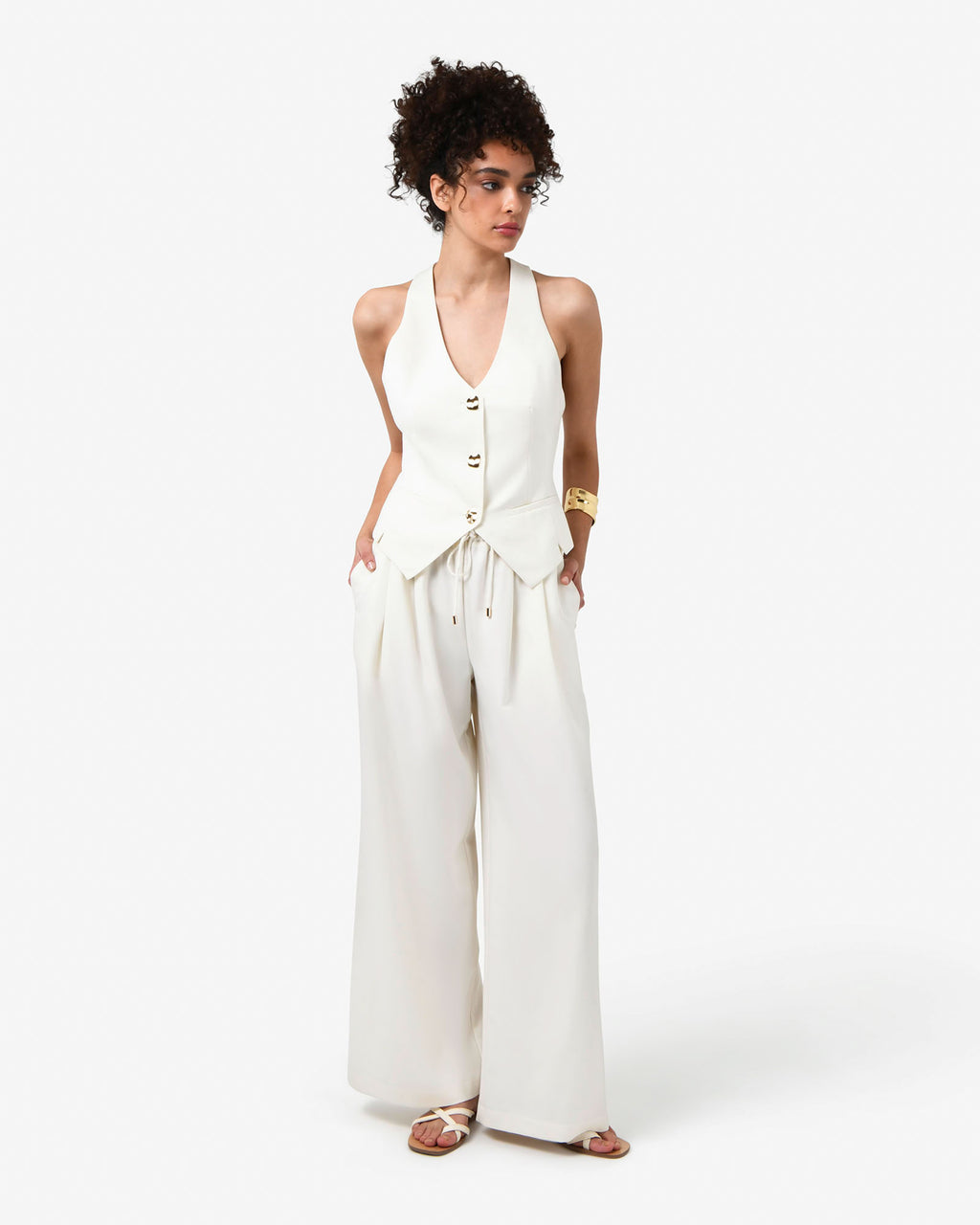 Amera Elastic Waist Pants in tofu — full-length view 2