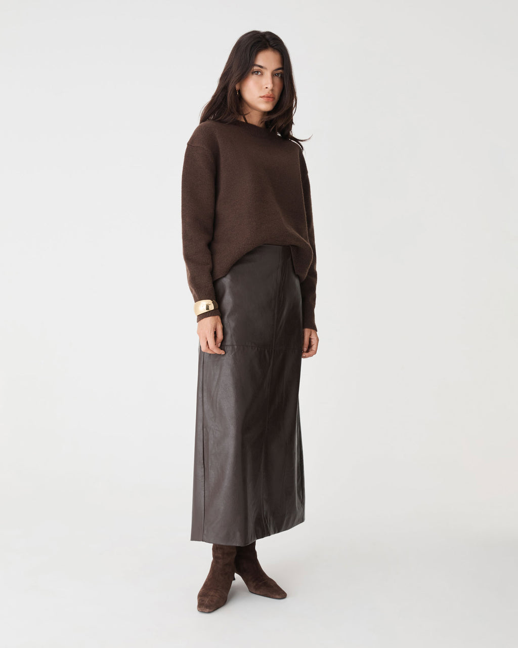 Giselle Panel PU Skirt in chocolate — side view