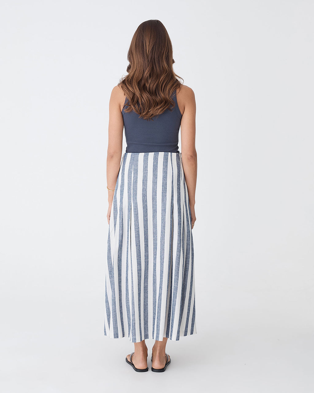 Ikaria Linen Blend Midi Skirt in blue stripe — back view