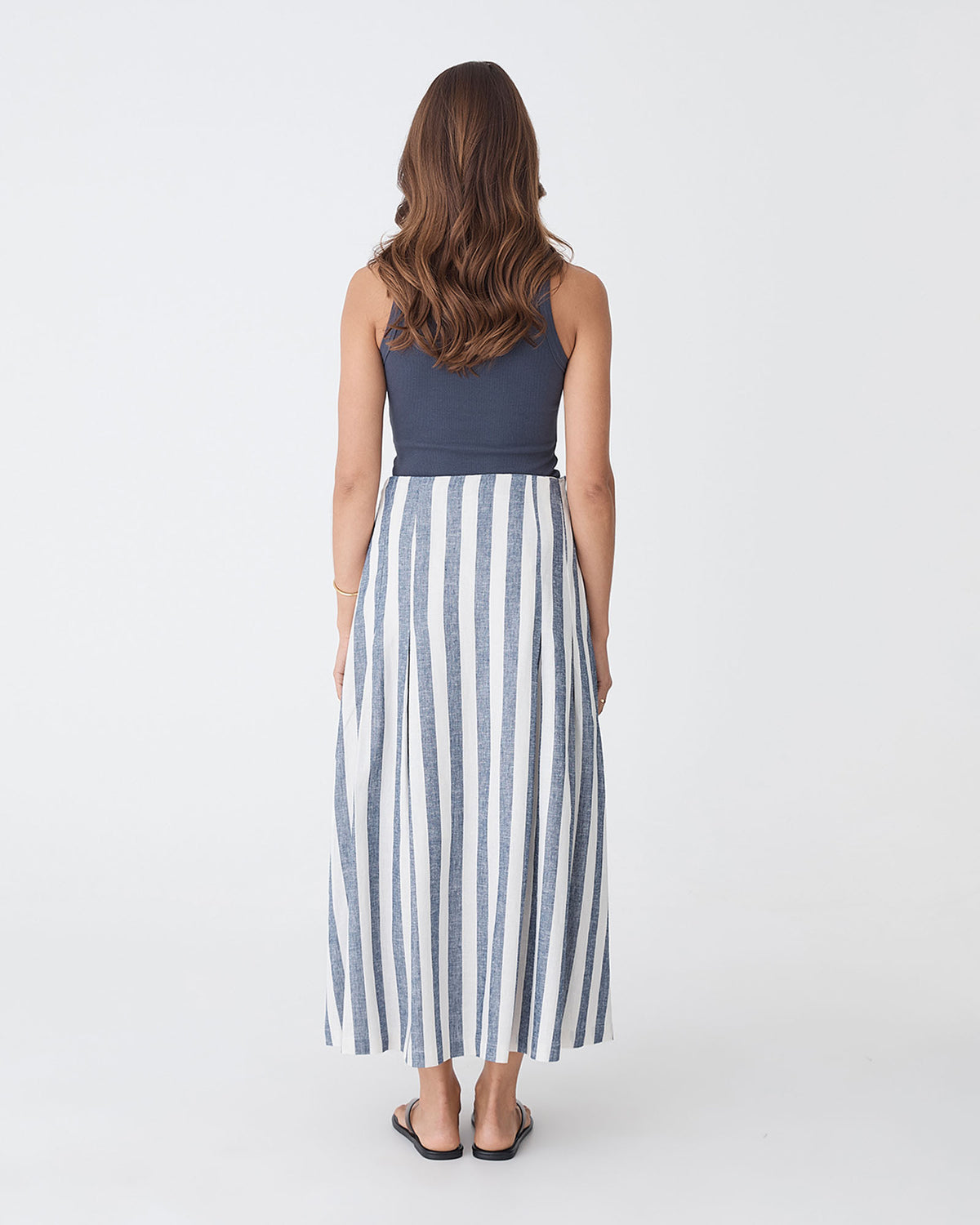 Ikaria Linen Blend Midi Skirt in blue stripe — back view