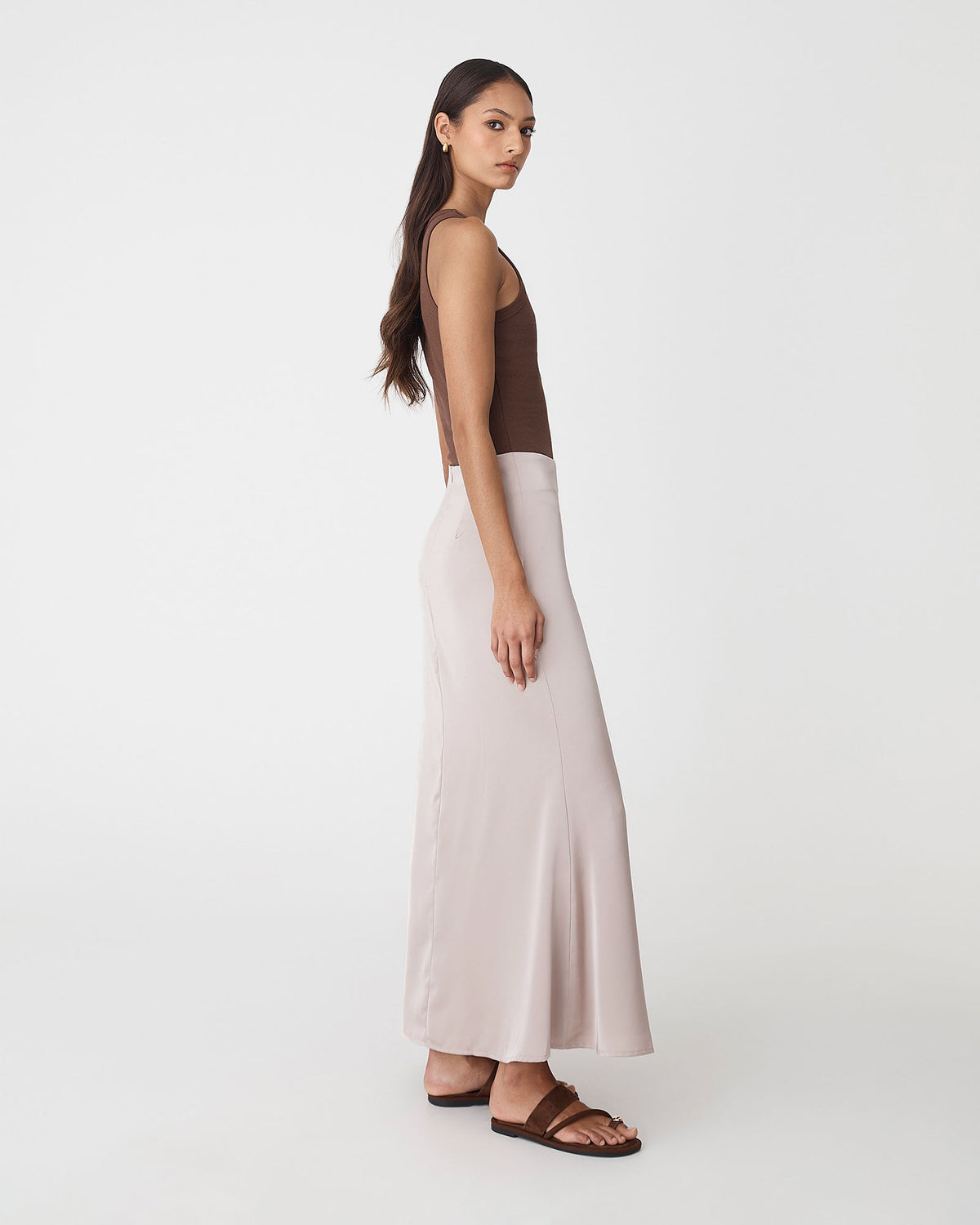Leigh Satin Maxi Skirt in light taupe — side view