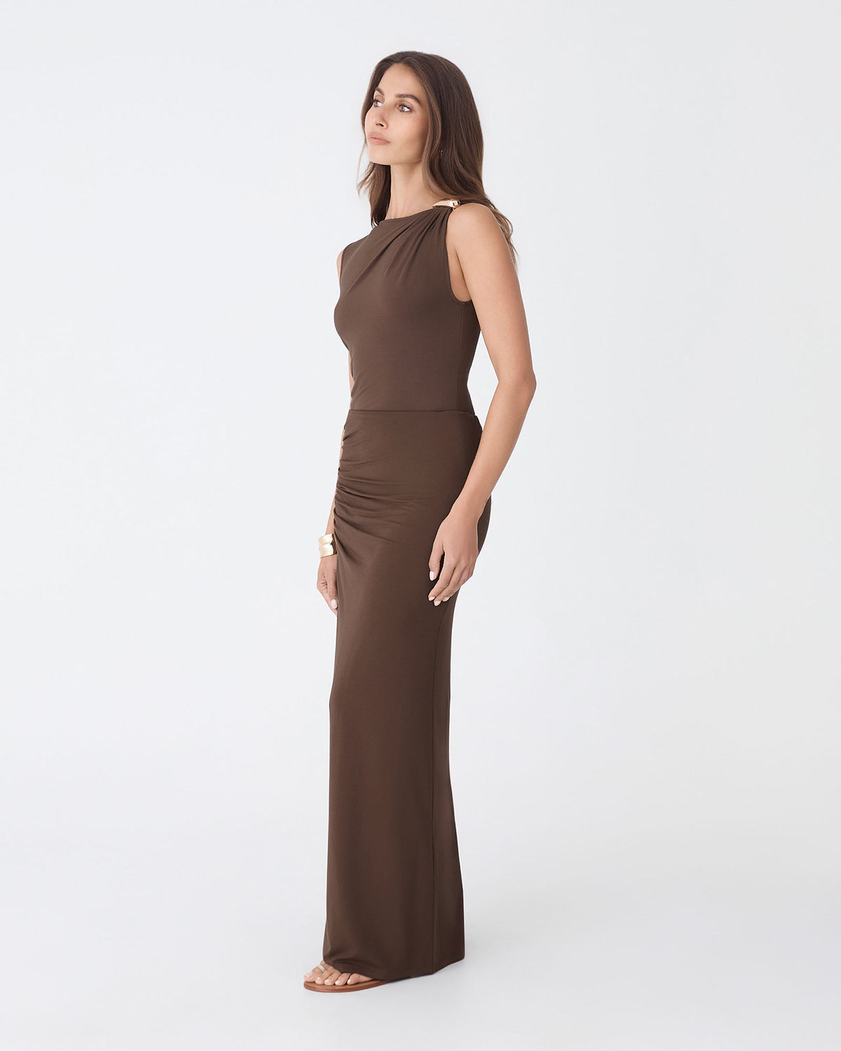 Kirsty Bamboo Ruched Skirt in espresso — side view