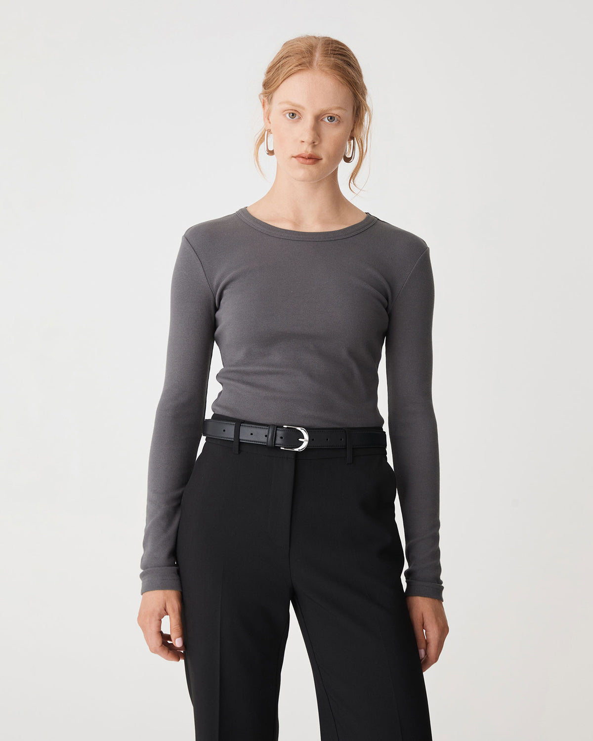 Devon Long Sleeve Rib Tee in slate — close-up view