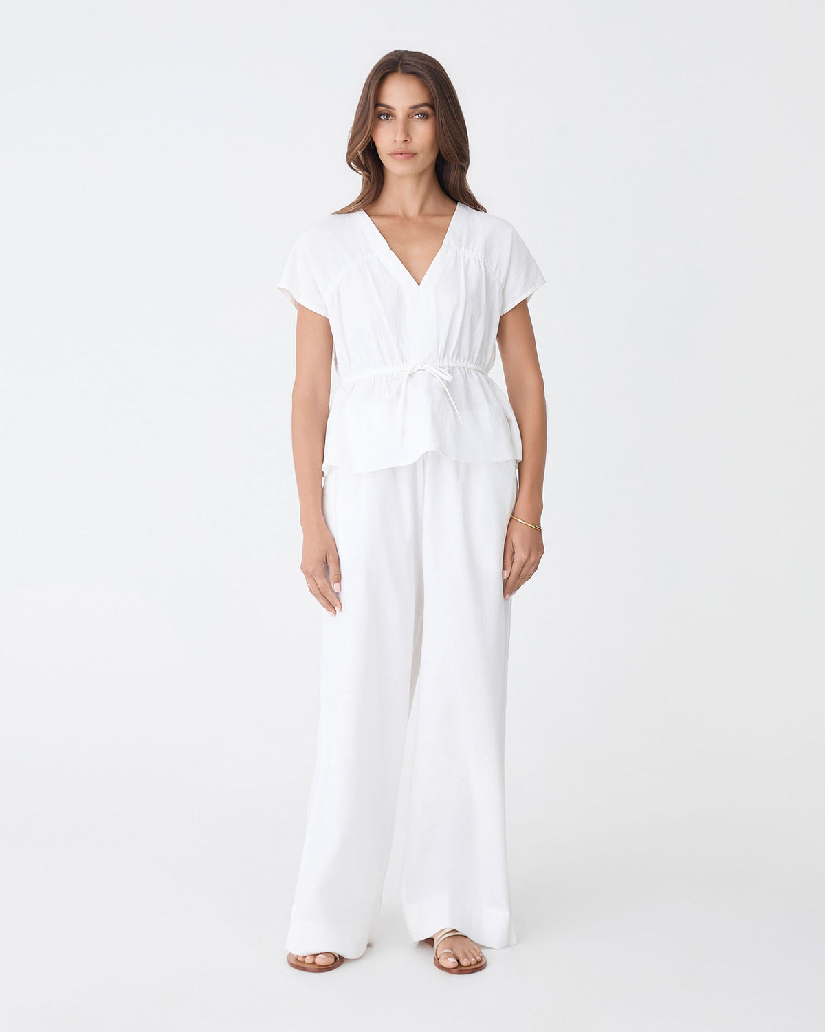 Bronte Cotton Drawstring Top in white — full-length view