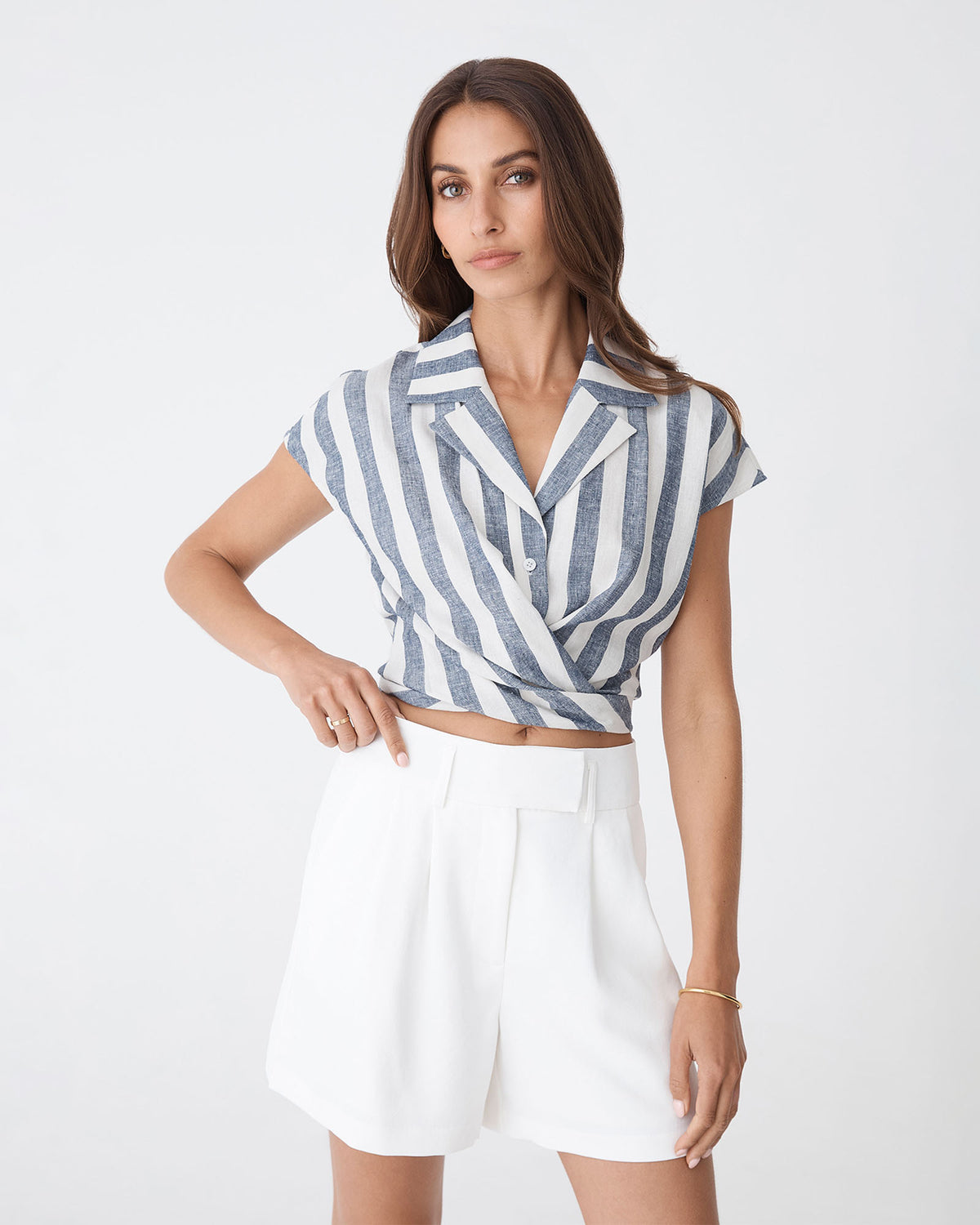 Ikaria Linen Blend Wrap Shirt in blue stripe — close-up view 3