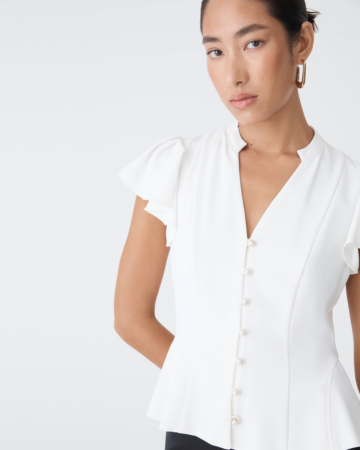 Carissa Gathered Sleeve Top in white — close-up view 2