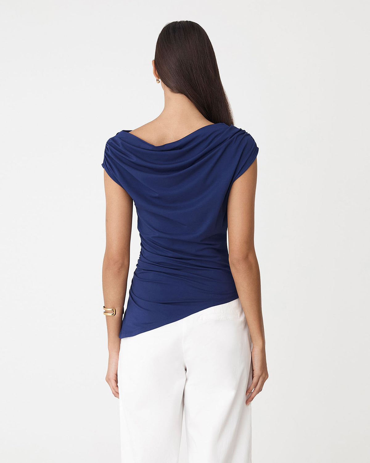 Keeley Bamboo Split Hem Top in navy — back view