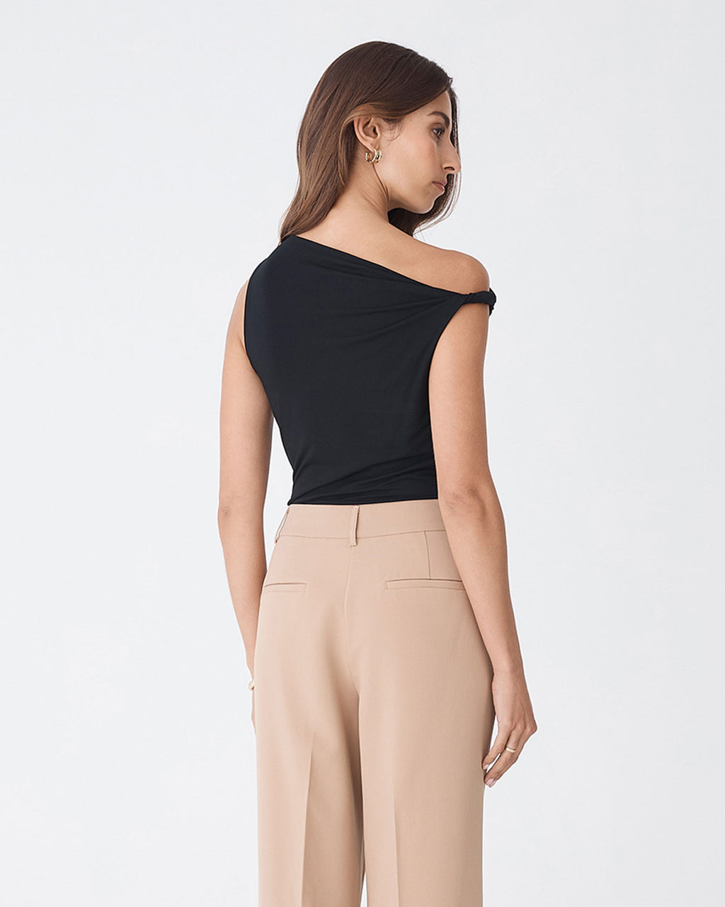 Cici Bamboo Twist Shoulder Top in black — back view