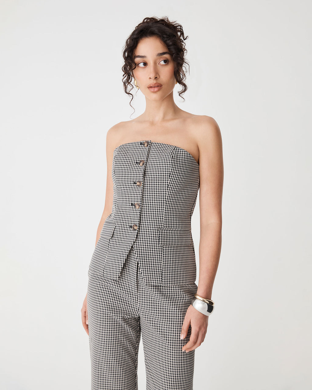 Flynn Button Up Bodice in beige check — close-up view 2