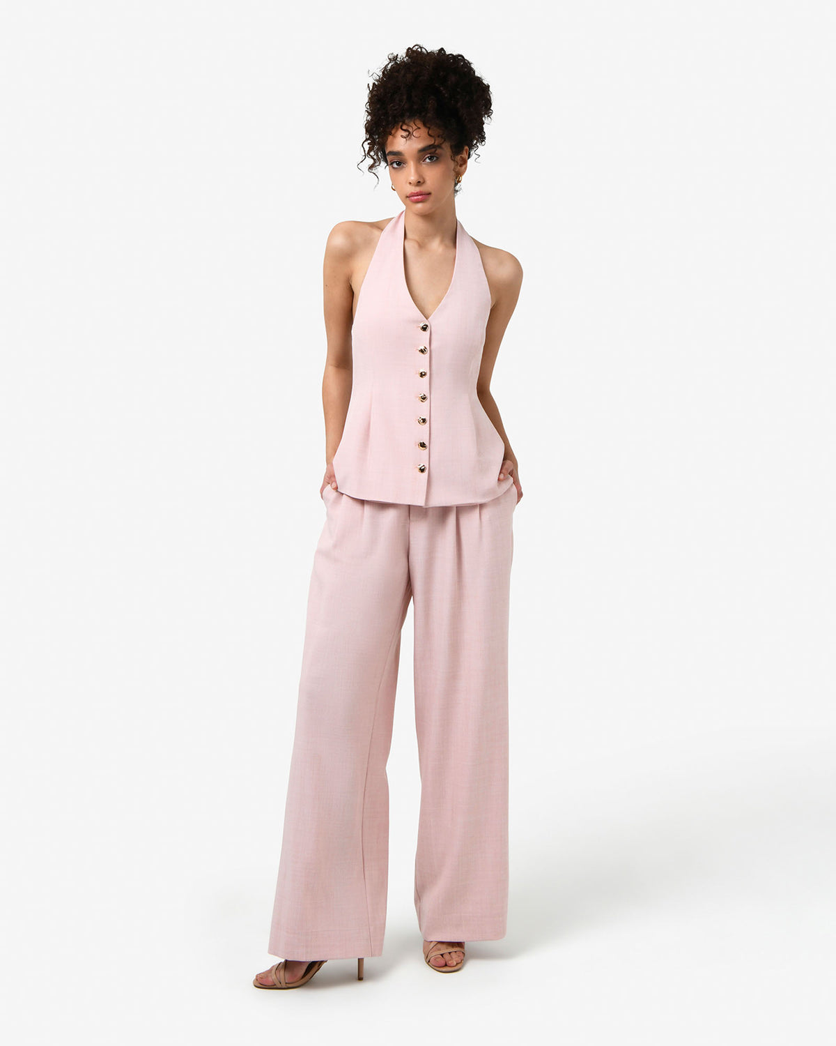 Lola Halter Neck Peplum Vest in pink — full-length view 2