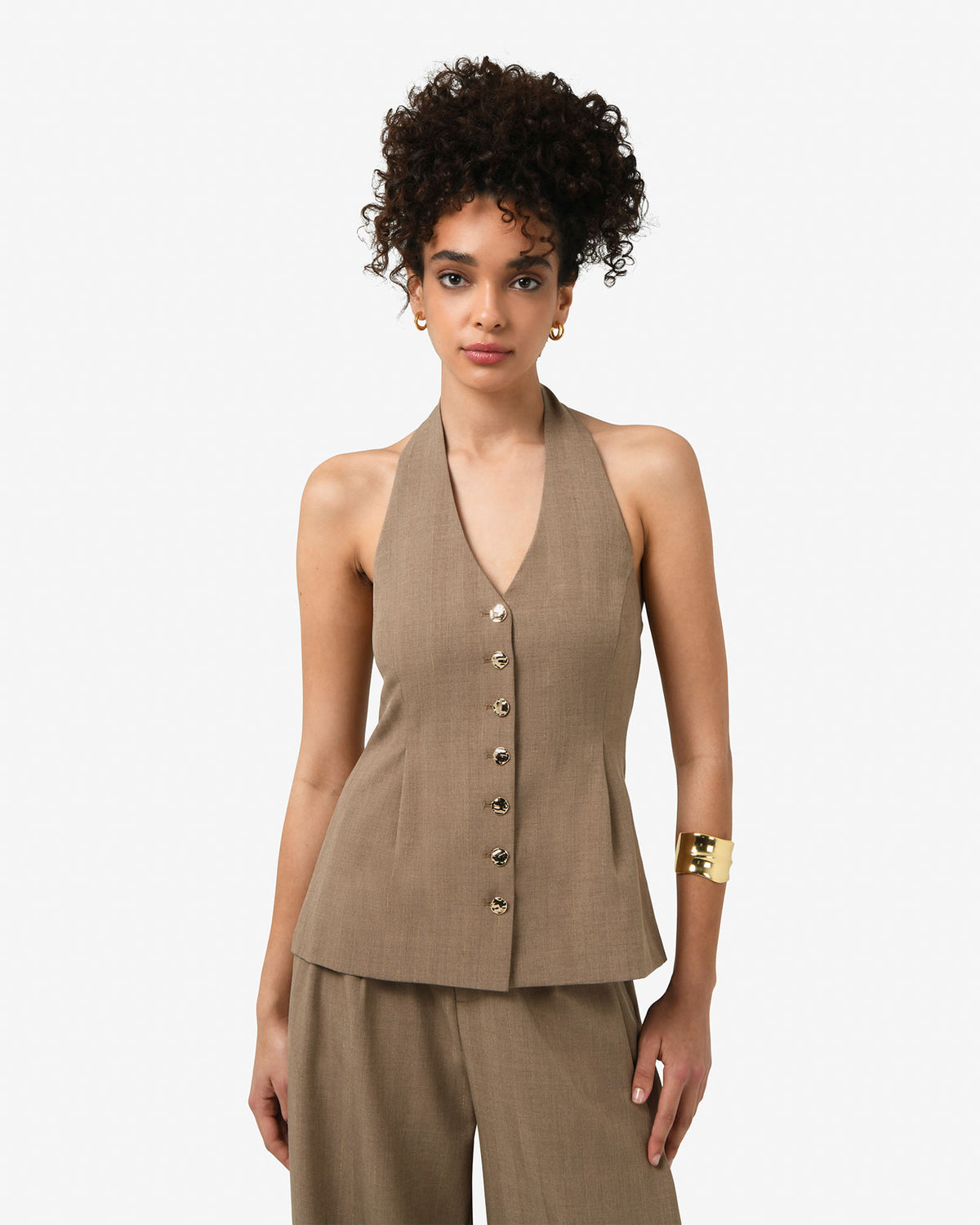 Lola Halter Neck Peplum Vest in taupe — close-up view
