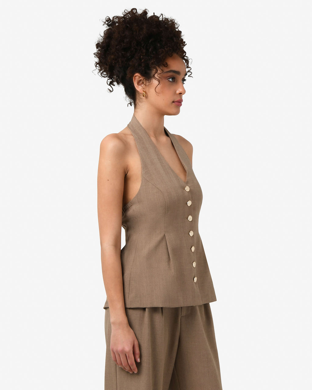 Lola Halter Neck Peplum Vest in taupe — side view