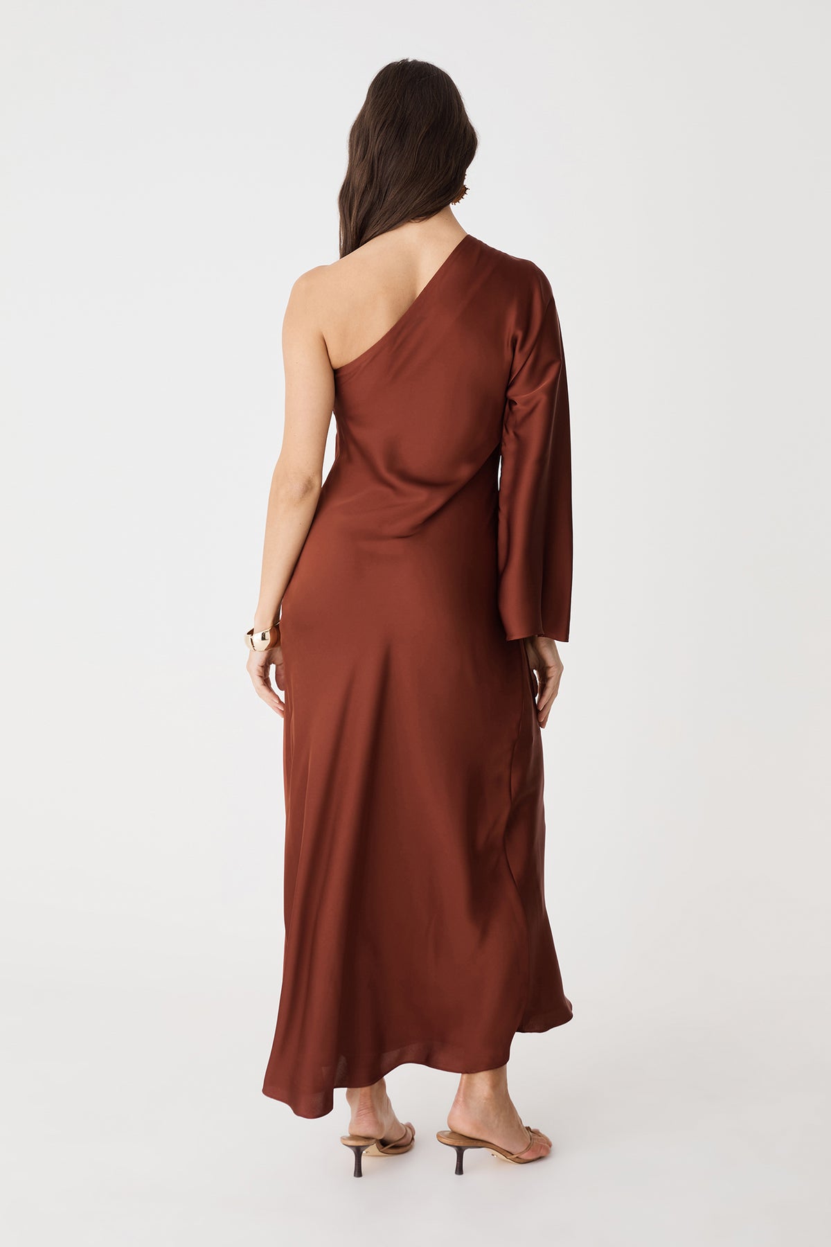 Back view of the brick satin maxi dress