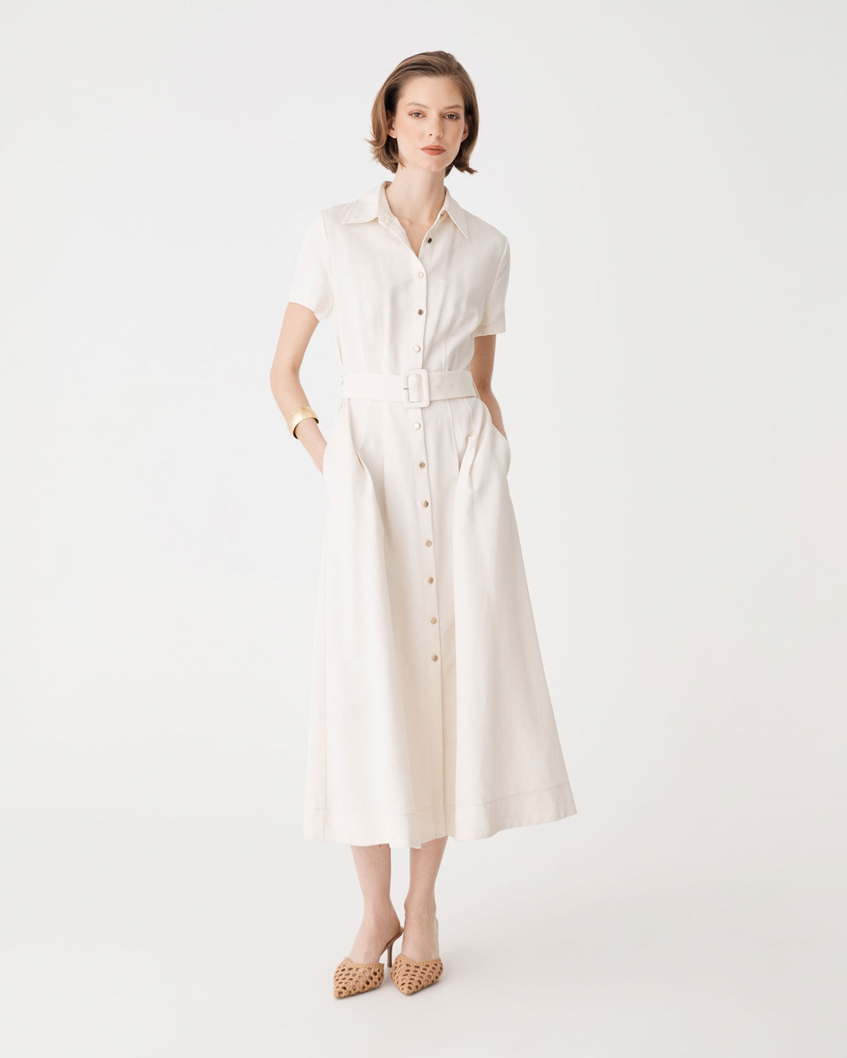 Ebony Tencel Cupro Shirt Dress in ivory — full-length view 2