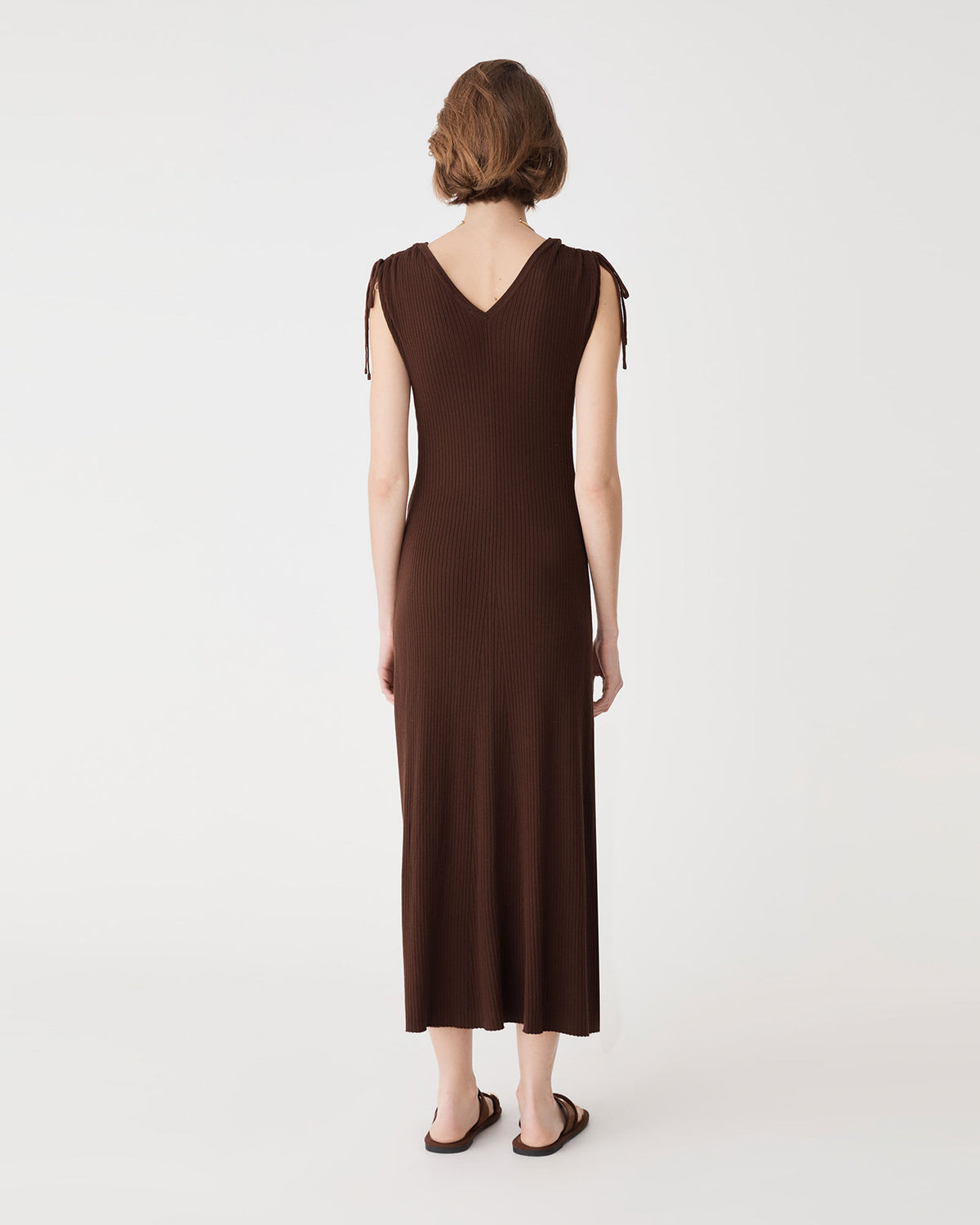 Briony Lyocell Rib Knit Dress in chocolate — back view
