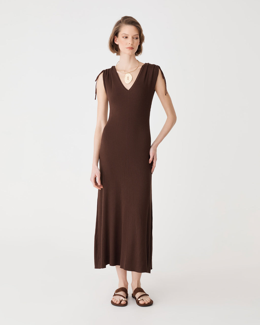 Briony Lyocell Rib Knit Dress in chocolate — full-length view 2