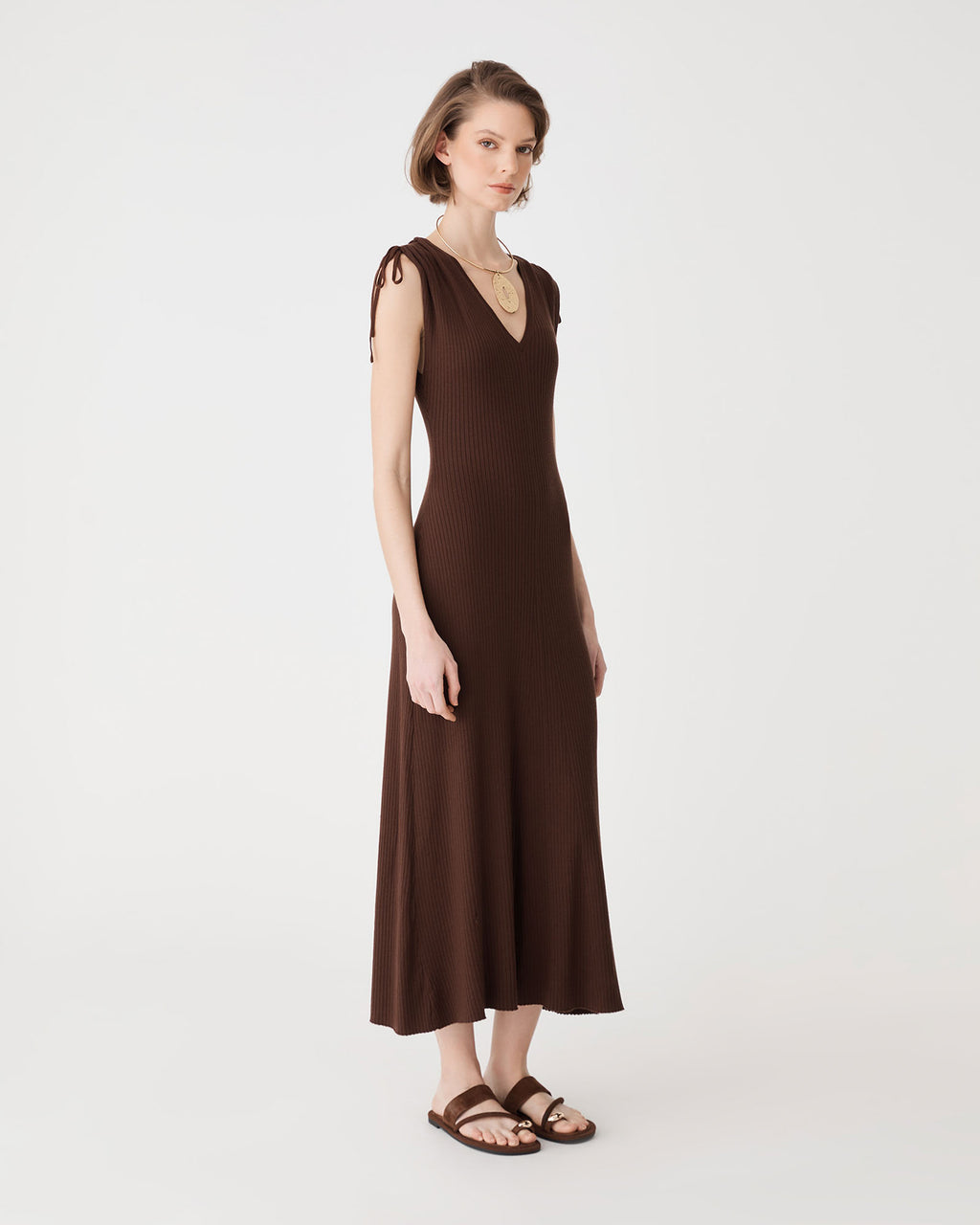 Briony Lyocell Rib Knit Dress in chocolate — side view
