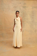 Santana Halter Satin Dress in buttercup — full-length view 2