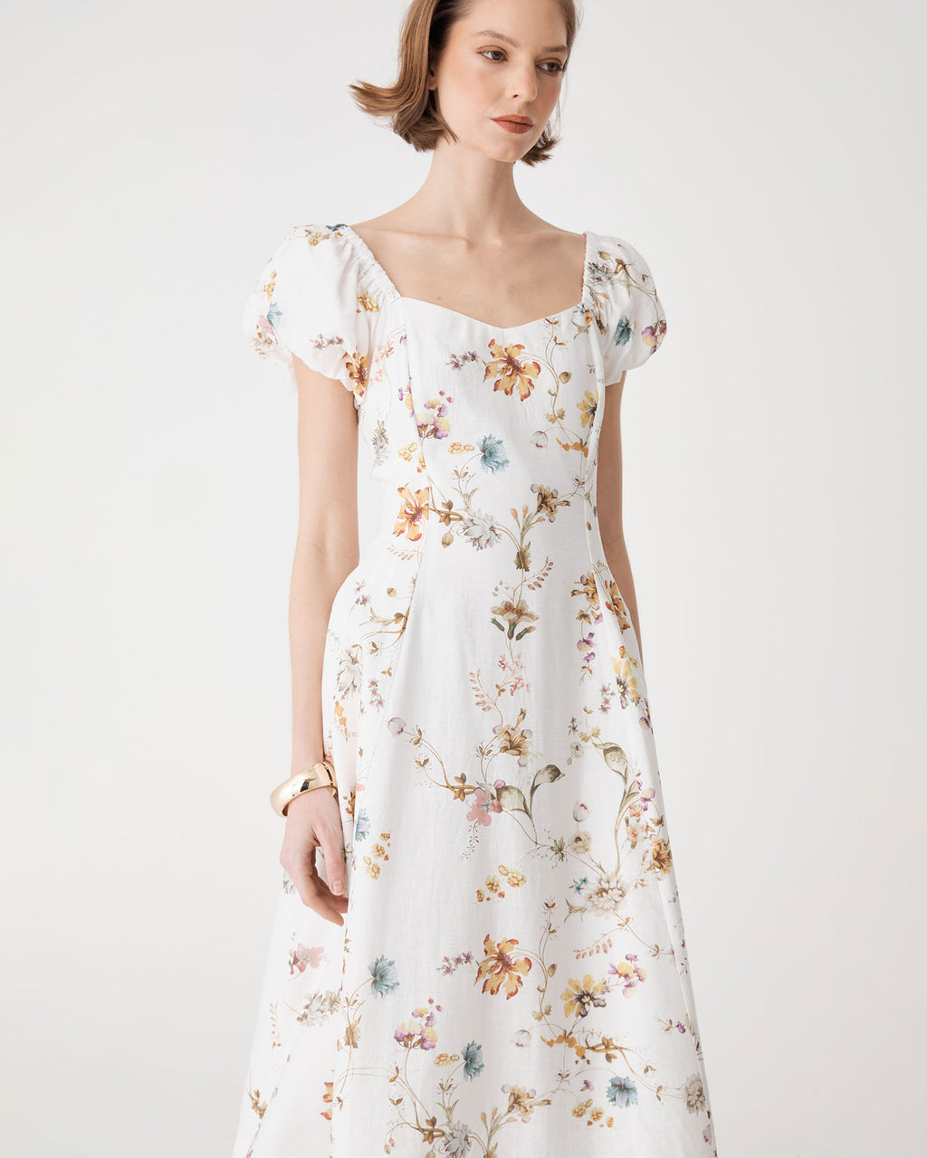 Katie Puff Sleeve A-Line Dress in ivory floral — fabric detail
