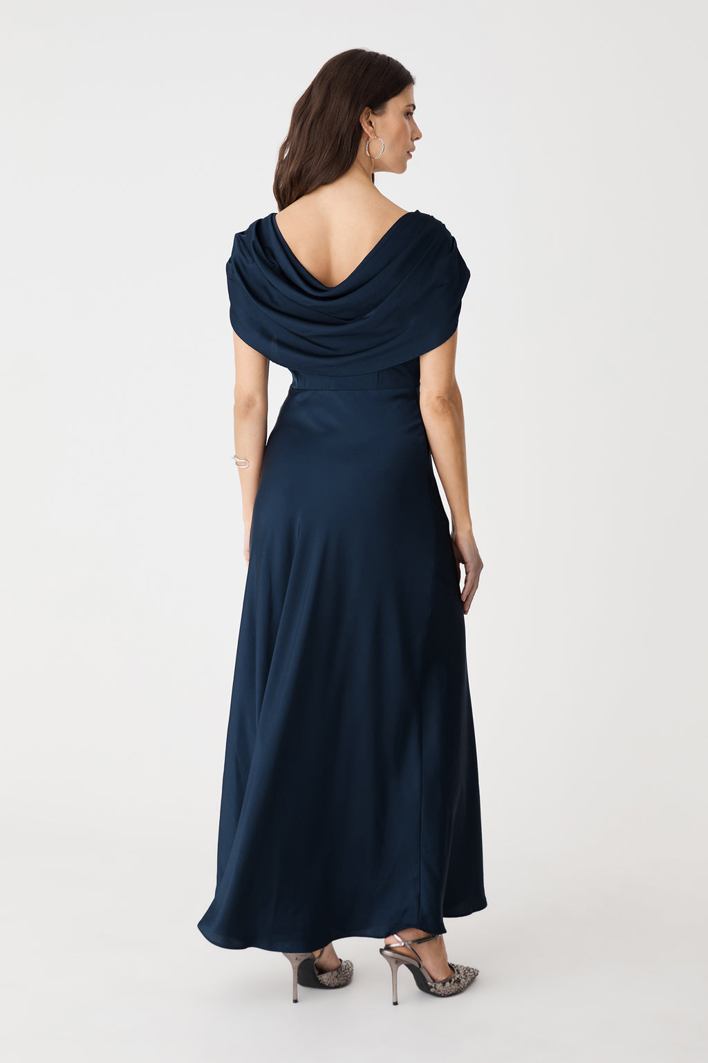 Back view showing the low cowl back of the Midnight satin maxi dress