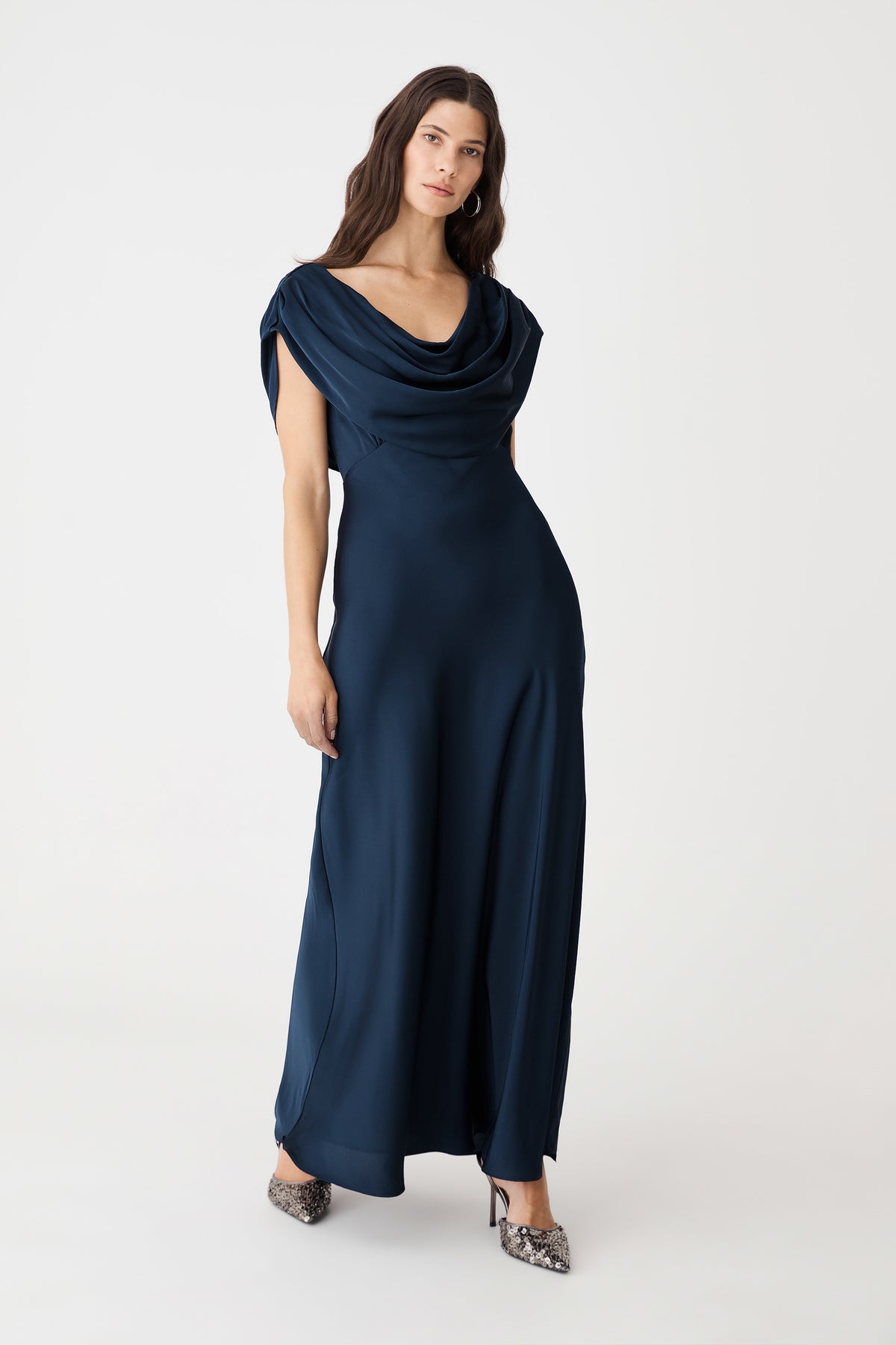 Front view of the Midnight satin maxi dress showing defined waist and fluid skirt
