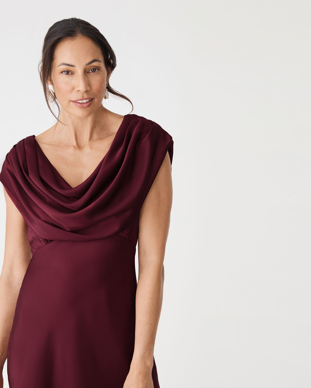 Caroline Cowl Satin Dress in rhubarb — fabric detail 2