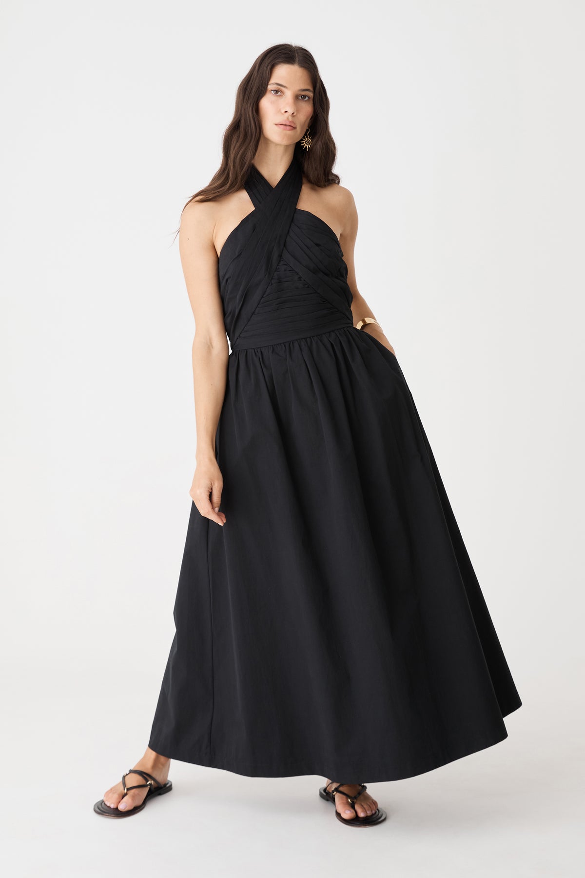 Kayleigh Cotton Halter Dress in black, front view with crossover halterneck and full gathered skirt