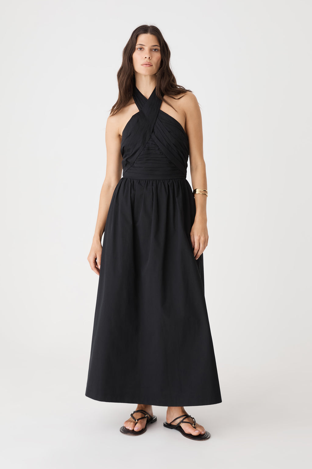 Kayleigh Cotton Halter Dress in black, front view with crossover halterneck and full maxi skirt