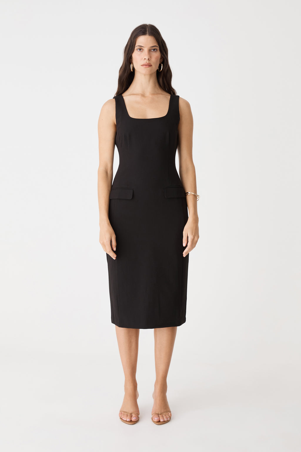 Front view of the black Melanie2 Tailored Pencil Dress showing square neckline and faux hip flap pockets