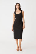 Melanie2 Tailored Pencil Dress in black, front view of sleeveless square-neck midi dress
