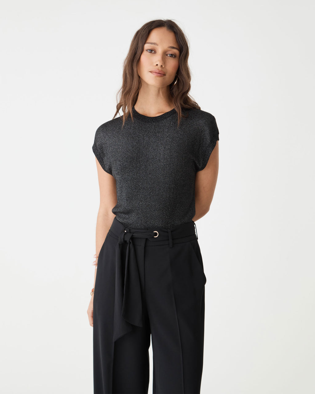 Front close view of the black Saskia Lurex Knit Top showing crew neck and cap sleeves