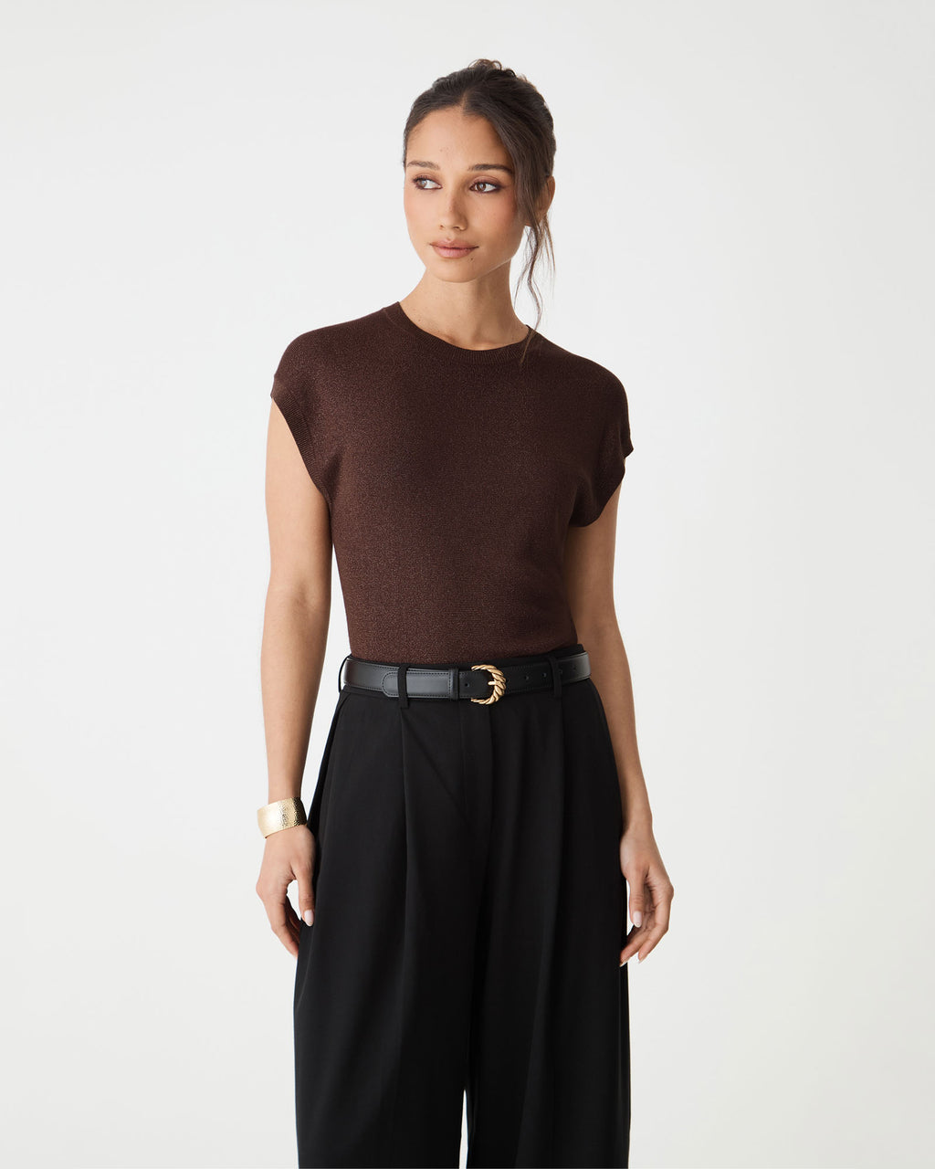 Front view of the Saskia Lurex Knit Top in Fudge with crew neckline and cap sleeves
