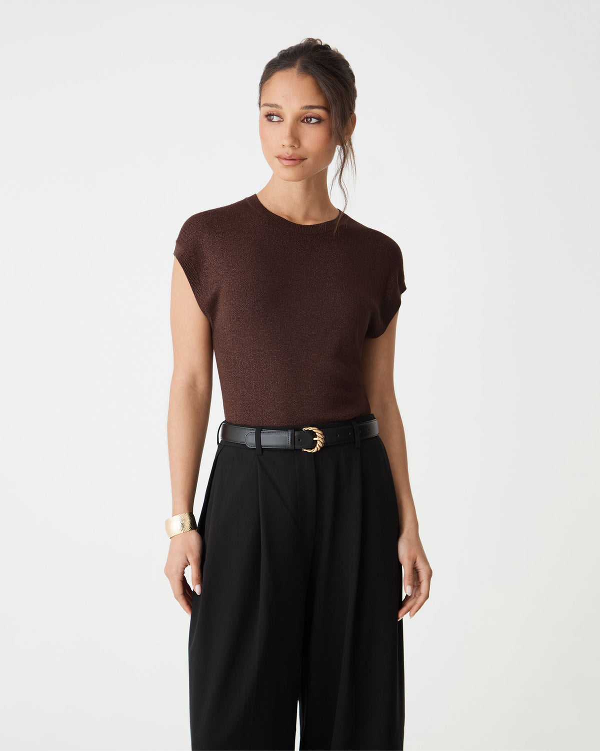 Front view of the Saskia Lurex Knit Top in Fudge with crew neckline and cap sleeves