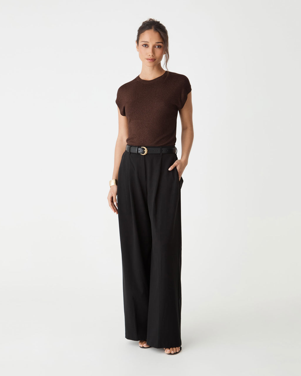 Saskia Lurex Knit Top in Fudge worn with black wide-leg trousers, full-length front view