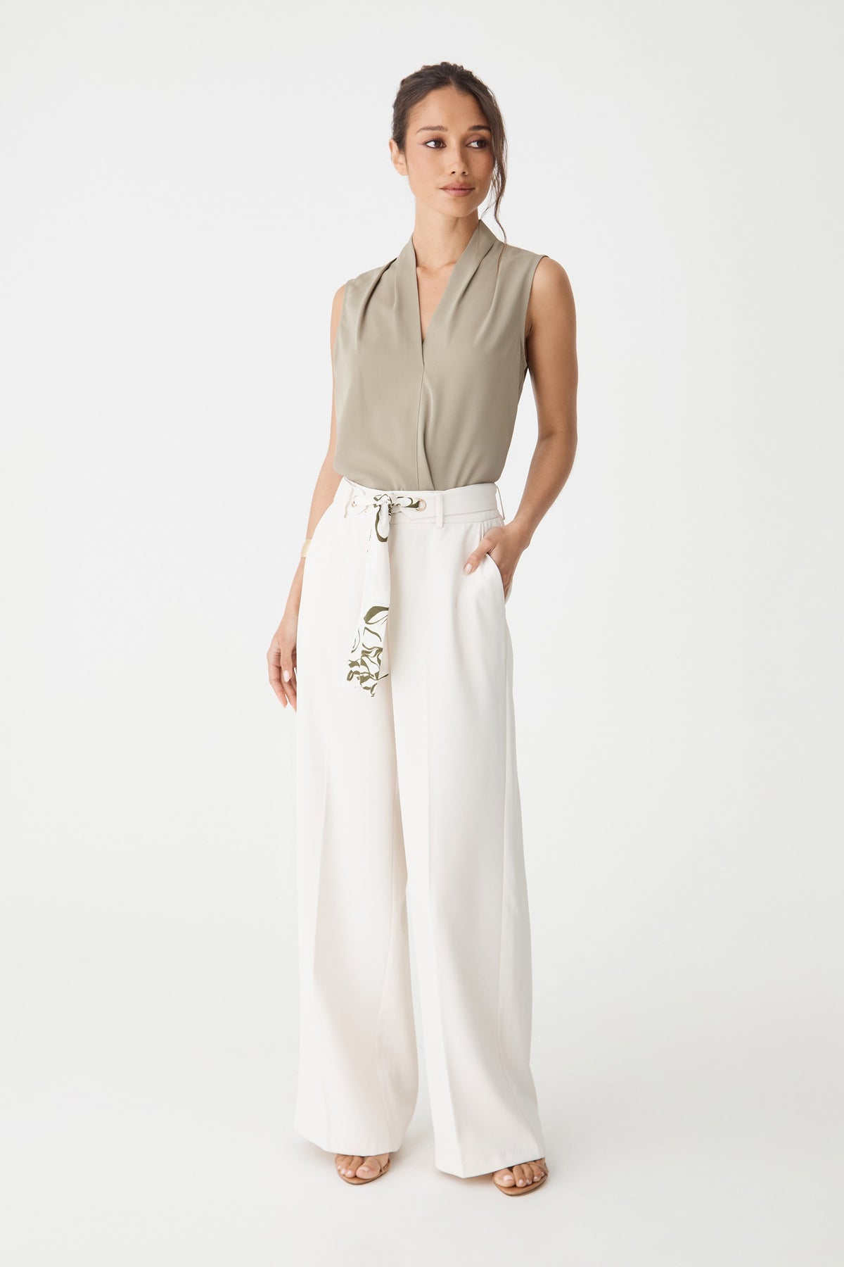 Natalie Belted Wide Leg Pants in cream, front view with belt tied at the waist