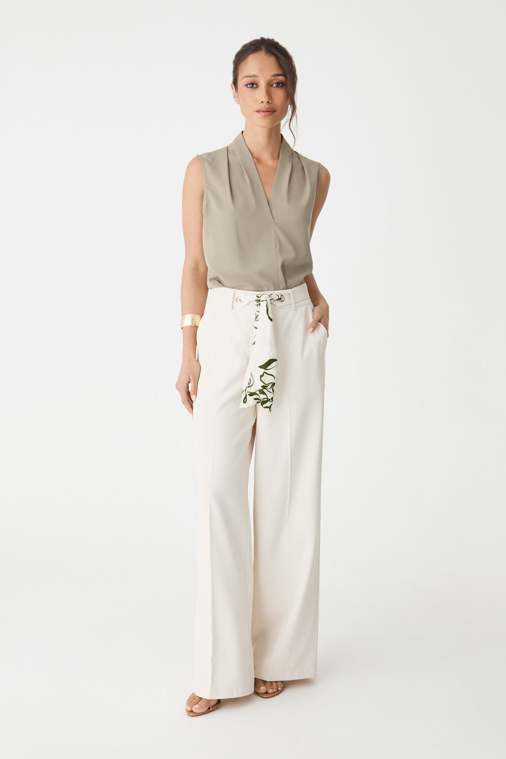 Natalie Belted Wide Leg Pants in cream, front view with olive botanical scarf belt and olive sleeveless top