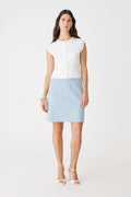 Melanie Tailored Skirt in sky blue, front view worn with a white cap-sleeve top