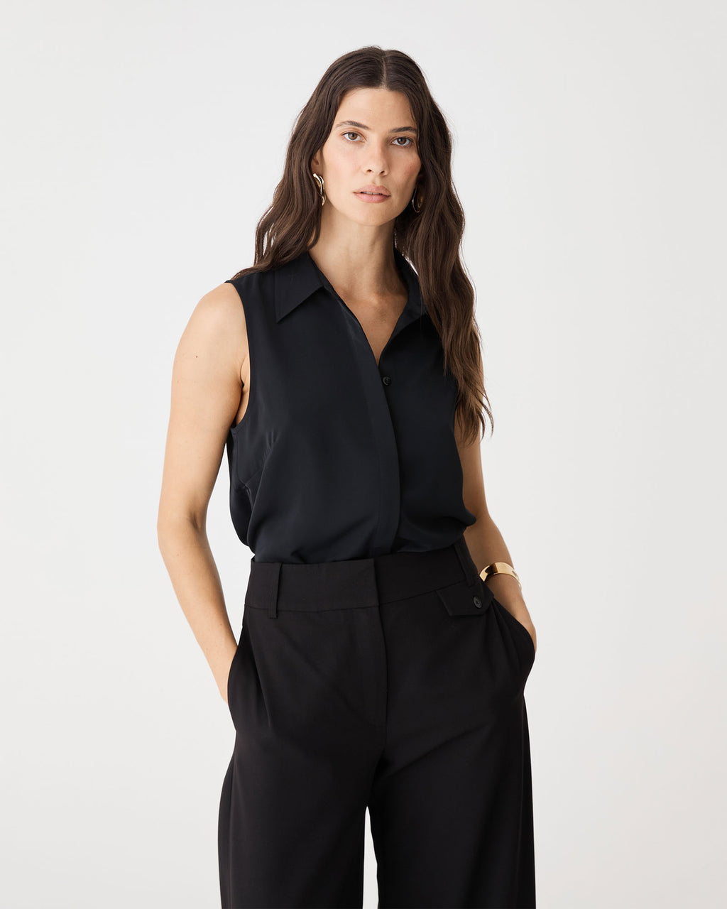 Close-up front view of the black Brooklyn Sleeveless Shirt showing point collar and button placket