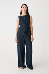 Phoebe Linen Lyocell Vest Top in navy, front view worn with matching wide-leg navy pants