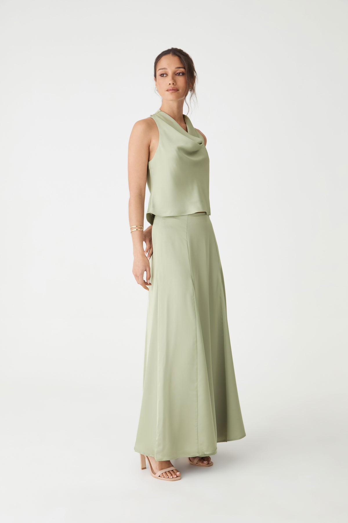 Freya Satin Cowl Top in pistachio — side view
