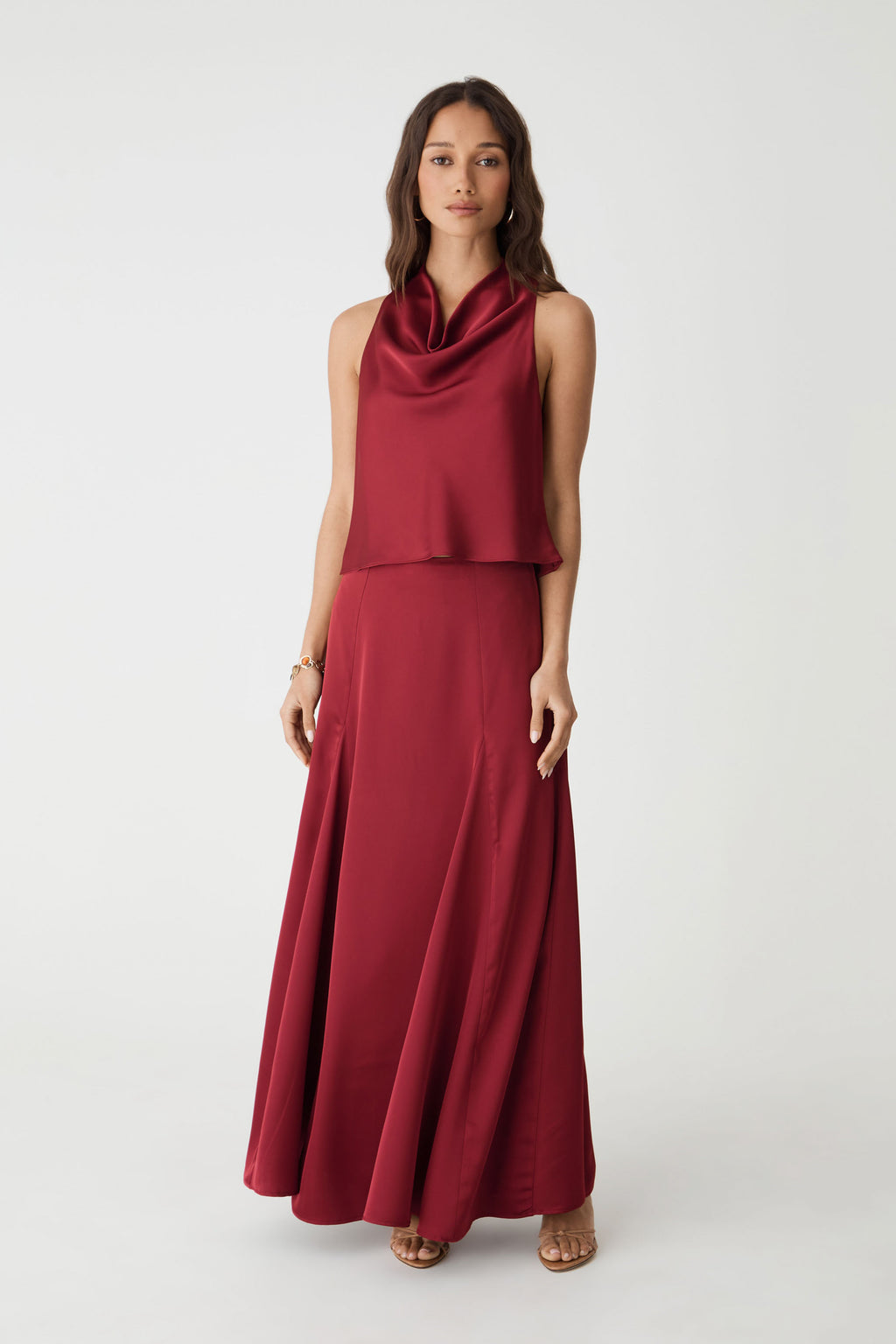 Freya Satin Cowl Top in rhubarb, front view worn with a matching long satin skirt