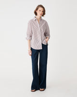 Samara 2 Cotton Striped Shirt in brown stripe, front view worn with navy wide-leg trousers