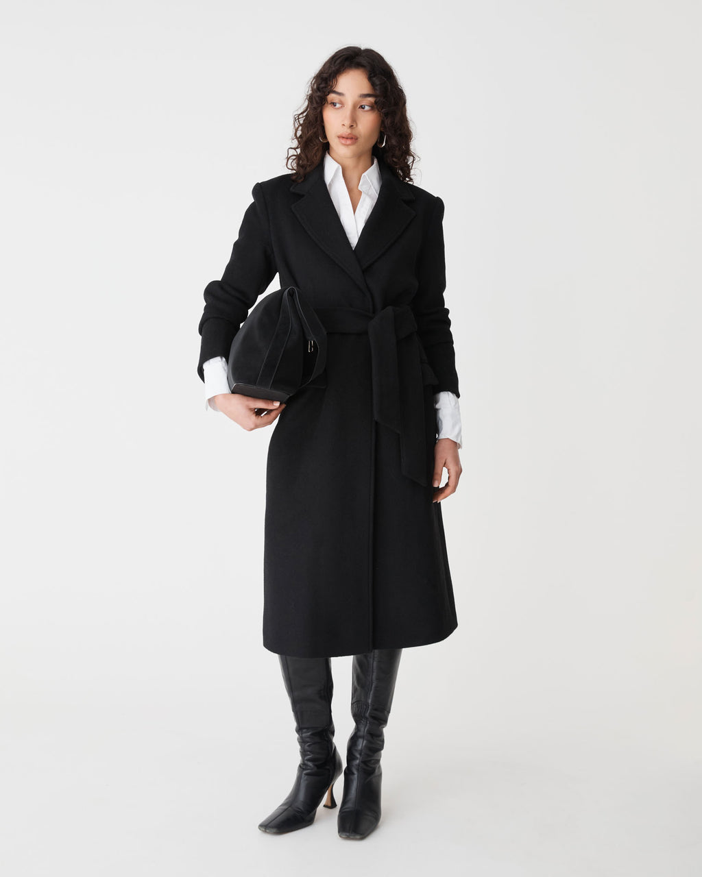 Orla Wool Blend Tie Waist Coat in black — full-length view